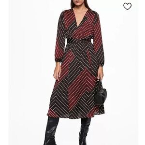 Mango Size 8 Brown and Red Striped Midi Dress Retro Style